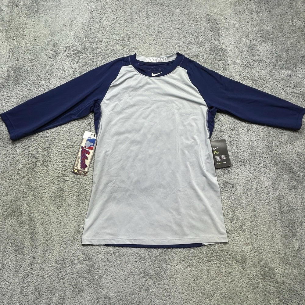 Nike Pro Shirt Boys XL Gray Navy MLB Baseball Dri-Fit Fitted Raglan Swoosh NEW